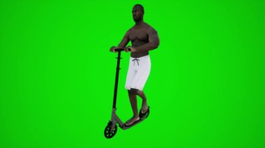 3D yeşil ekran. Afrika sokaklarında scooter süren Afrikalı bir yüzücü. Üç köşeli açıdan.