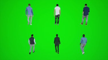 Üç boyutlu yeşil ekran. Parkta arka taraftan yürüyen altı adam. Üç boyutlu insanlar.