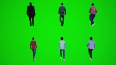 3D yeşil ekran. Arka taraftan altı adam sahada yürüyor. 3D insanlar daha kırmızı renkli arka plan animasyon.