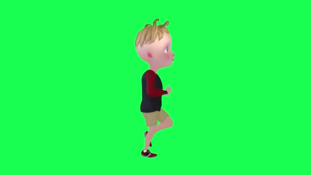 孤立した緑のスクリーンを走っている漫画の子供の左の角度3Dの人々赤いクロマのキー背景アニメーション男と女性の歩く話 — ストック動画