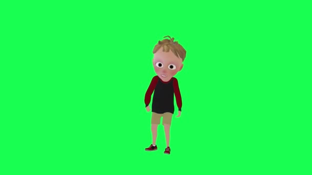 3D漫画の子供の水やり植物は緑のスクリーンのフロント角3Dの人々赤いクロマのキー背景アニメーション男と女性の歩く話を分離しました — ストック動画