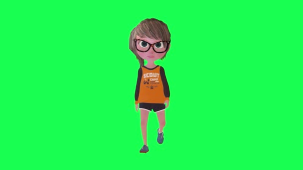 3Dベビーガールウォーキングフロント角隔離緑色スクリーン3D人赤色クロマキー背景アニメーション男女ウォークトーク — ストック動画