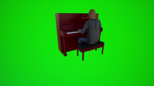 3D绿色荧幕男歌手从三个角度在欧洲餐厅弹钢琴3D人红褐色背景动画男男女女散步交谈 — 图库视频影像