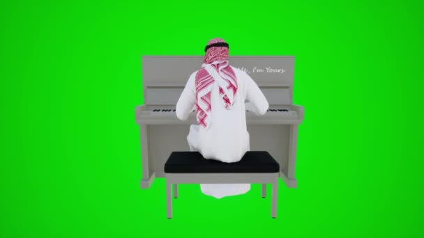 緑色のスクリーン アラブの男 バックアングルからドバイのカフェでピアノを再生 赤いクロマのキー背景アニメーション 男と女性の歩く話 — ストック動画