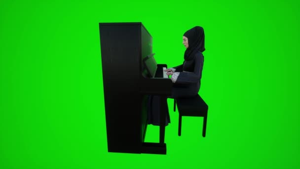 3Dグリーンスクリーン アラブ女性インストラクター 側面からドバイのレストランでピアノを再生 赤いクロマのキーバックグラウンドアニメーション男と女性の歩く話 — ストック動画