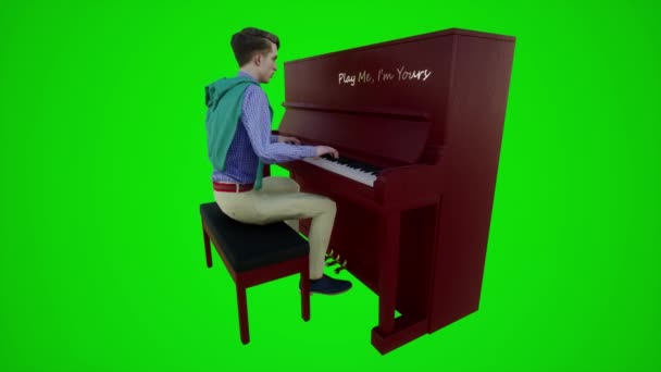 3D緑色のスクリーン美しい若者は3つの角の角度3Dの人々赤いクロマのキー背景アニメーション男と女性の歩く話からヨーロッパのバーでピアノを再生します — ストック動画