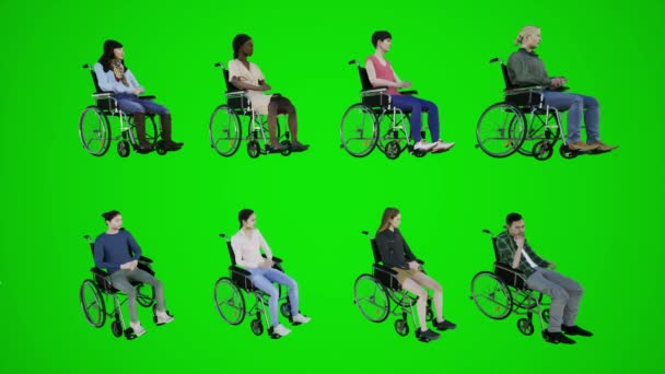 Zielony Ekran Panie Panowie Wózkach Inwalidzkich Siedzi Nieruchomy Ulicy Trzech — Wideo stockowe