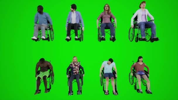 Tela Verde Cidadãos Cadeira Rodas África América Ásia Europa Sentado — Vídeo de Stock