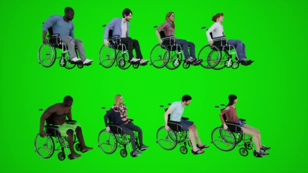 Zelená Obrazovka Invalidní Vozík Občané Afriky Amerika Asie Evropa Sedí — Stock video