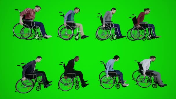 Tela Verde Cidadãos Cadeira Rodas África América Ásia Europa Sentado — Vídeo de Stock