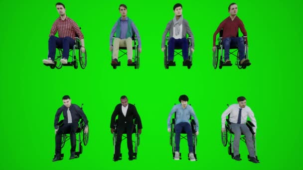参考译文 坐在轮椅上的欧洲从后面的角度出发走着 参考译文 有三个人坐在轮椅上 他们从后面的角度出发走着 — 图库视频影像
