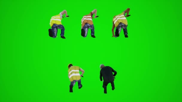 3D緑色のスクリーンの建設労働者は背部角度3Dの人々赤いクロマのキー背景アニメーション男と女性の歩く話からハンマーで何かを打つ — ストック動画