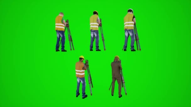 3D绿屏建筑工人从三个角度对建筑物和土地进行拍照和拍摄3D人红变色关键背景动画男男女女散步交谈 — 图库视频影像