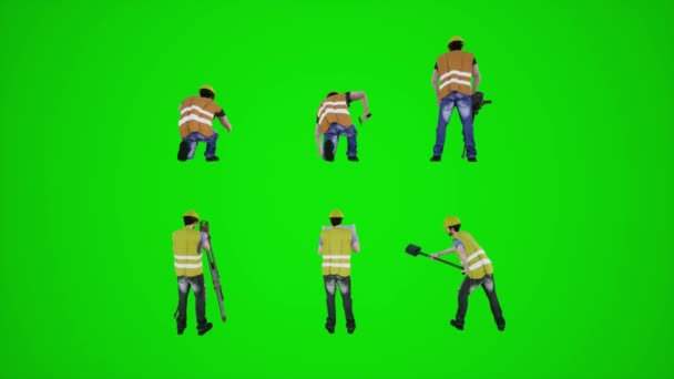 3Dグリーンスクリーン建設労働者は 写真と撮影ハンマーでポンディングを測定し バックアングル3Dの人々赤いクロマキー背景アニメーション男と女性の歩く話からシャベルで地面を掘る家計画を撮影 — ストック動画