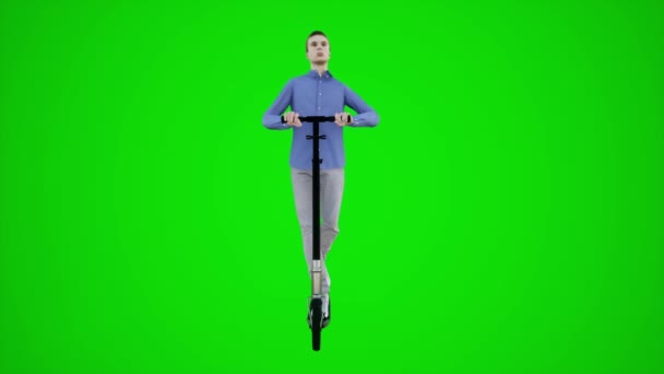 Green Screen Teenage Boy Riding Scooter Park Frontal Angle People — Stock Video