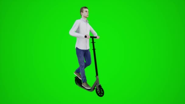 3つの角の角度3Dの人々赤いクロマのキー背景アニメーション男と女性の歩く話から公園でスクーターに乗る3D緑色のスクリーン10代の少年 — ストック動画