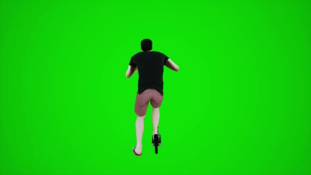 3Dグリーンスクリーンライフガードライフガードバック角度3Dの人々赤いクロマキーバックグラウンドアニメーション男と女性の歩く話からヨーロッパの通りで乗馬スクーター — ストック動画