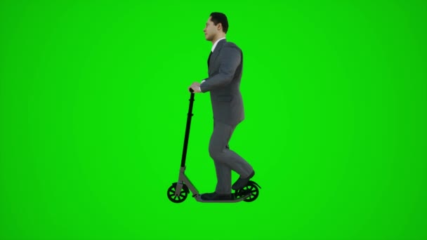 3Dグリーンスクリーン ヨーロッパの通りのスクーターに乗る銀行大統領は側面の角度3Dの人々赤いクロマキー背景アニメーション男と女性の歩く話から — ストック動画