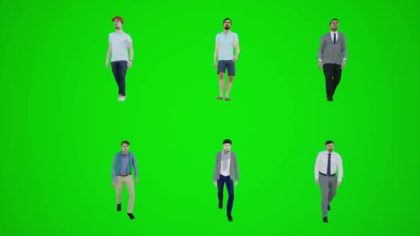 3Dグリーンスクリーン6人の男性が前角3Dの人々赤いクロマキー背景アニメーション男と女性の歩く話から橋の上を歩いています — ストック動画
