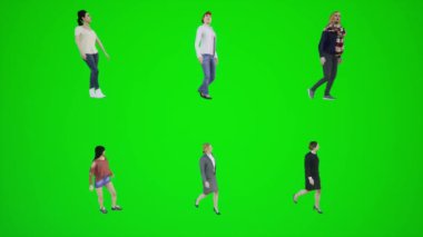 3 boyutlu yeşil ekran. Şehir merkezinde üç köşeden yürüyen altı kadın. 3 boyutlu insanlar daha kırmızı renkli arka plan animasyon.