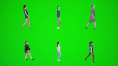 3D yeşil ekran. 6 kadın yan taraftan yürüyorlar. 3D insanlar daha kırmızı renkli arka plan animasyon adamı ve kadın yürüyüş konuşması.