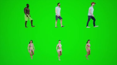 3D yeşil ekran. Sahilde yürüyen altı bikinili erkek ve kadın. Üç açılı.