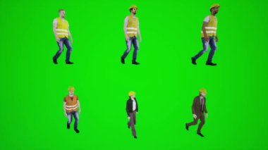 3D yeşil ekran işçileri ve mühendisler Arazi binasında üç köşeden yürüyorlar. 3D insanlar kırmızı renkli arka plan animasyon adamı ve kadın yürüyüşü konuşmaları.