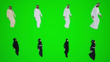 Üç boyutlu yeşil ekran. Altı Arap erkek ve kadın piyasada üç açıdan yürüyorlar. Üç boyutlu insanlar daha kırmızı renkli arka plan animasyon.