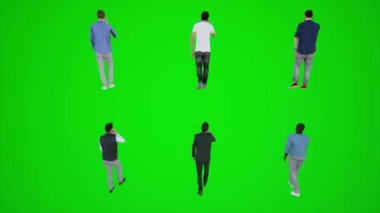 3D yeşil ekran. Otobüs durağında yürüyen ve konuşan altı adam. Arka açıdan 3 boyutlu insanlar.