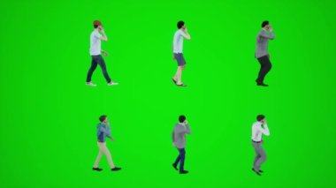 3D yeşil ekran. Benzin istasyonunda yürüyen ve konuşan altı adam. 3 boyutlu açı.