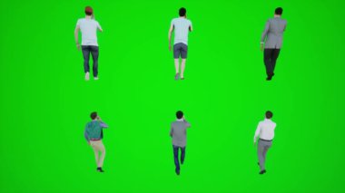 3D yeşil ekran. Benzin istasyonunda yürüyen ve konuşan altı adam. 3D insanlar.