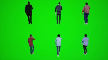 3D yeşil ekran. Arka taraftan telefonda yürüyen ve konuşan altı adam. 3D insanlar daha kırmızı renkli arka plan animasyon.
