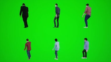 Üç boyutlu yeşil ekran. Üç köşeden telefonda yürüyen ve konuşan altı adam. Kırmızı renkli arka plan animasyon adamı ve kadın yürüme sohbeti.