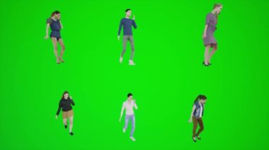 Üç boyutlu yeşil ekran altı kadın bir lunaparkta yürüyorlar ve konuşuyorlar üç köşeli açıdan üç boyutlu insanlar kırmızı renkli arka plan animasyon adamı ve kadın yürüyor