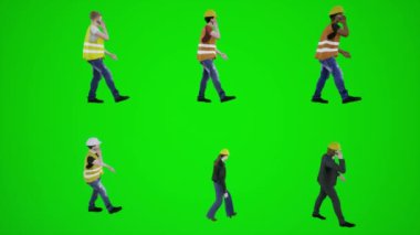 İşçiler ve mühendisler binada yürürken telefonda 3 boyutlu animasyon konuşmaları insanları krom anahtar animasyoncu kalabalığa yürütür ve konuşur hale getirir.