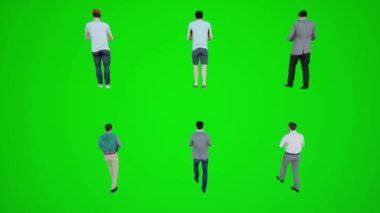 Ana caddede yürüyen ve telefonla konuşan altı adam üç boyutlu animasyonun arka tarafından insanları krom anahtarlı animasyoncu kalabalığa yürütür ve konuşur.