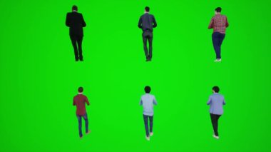 Üç boyutlu animasyonun arka açısından parkta yürüyen ve telefonda oynayan altı adam insanları krom anahtarlı animasyoncu kalabalığa yürütür ve konuşur.