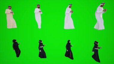 Arap erkek ve kadınlar sahada yürürken ve telefona üç farklı açıdan bakarken üç boyutlu animasyon insanları krom anahtar animasyon insanı yürütür ve konuşur.