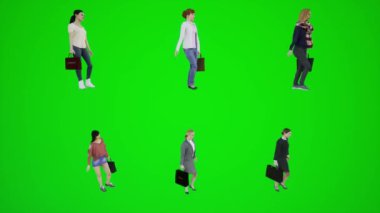 Lunaparkta yürüyen ve alışveriş poşetleriyle üç boyutlu animasyondan alışveriş yapan altı kadın insanları krom anahtarlı animasyoncu kalabalığa yürütür ve konuşur.