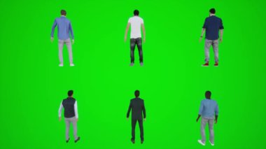 Üç boyutlu animasyon, arka açıyla otobüs durağında duran altı adam insanları krom anahtarlı animasyoncu kalabalığı yürütür ve konuşturur.