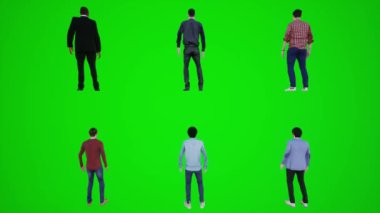 3 Boyutlu Yeşil Ekran İnsanları. Metroda Chromakey 'nin arka tarafından duran altı adam insanları krom anahtar animasyoncu kalabalığı yürütür ve konuşturur.