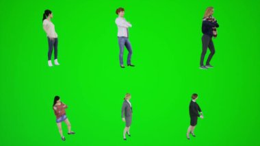3D yeşil ekran altı kadın kromakey okulunda üç açıdan duruyor. Bu da insanları krom anahtar animasyoncu kalabalığın yürüyüp konuşmasına neden oluyor.
