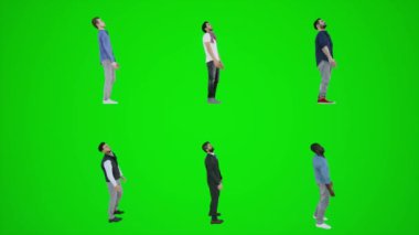 Yeşil ekranda bekleyen altı adamın 3 boyutlu animasyonu. Kromakey animasyonu yan açıyla yapılan canlandırma insanları krom anahtarlı animasyona dönüştürür kalabalığın yürümesini ve konuşmasını sağlar