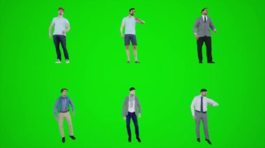 Yeşil ekranda durup saate bakan altı adamın 3 boyutlu animasyonu. Kromakey animasyonu ön açıdan çekiliyor. İnsanları krom anahtarlı animasyoncu kalabalığı yürütür ve konuşturur