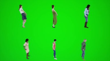 Yeşil ekranda bekleyen altı kadının 3 boyutlu animasyonu. Sahilde. Kromakey animasyonu yan açıyla yapılan canlandırma insanları krom anahtarlı animasyona dönüştürür kalabalığın yürümesini ve konuşmasını sağlar