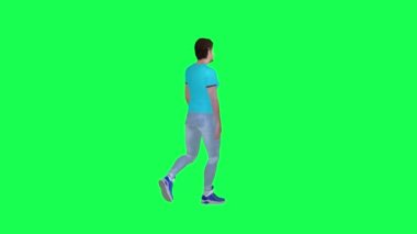 3D adam arka açıda yürüyor yeşil ekran 3D insanlar kırmızı krom anahtar arka plan animasyon erkek ve kadın yürüme konuşması