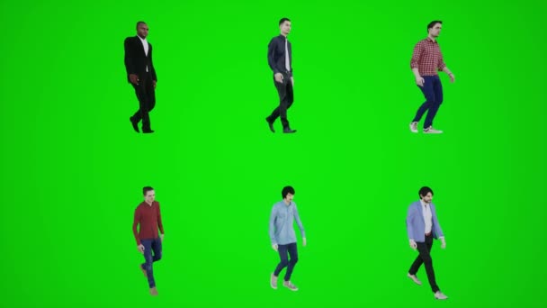 3つの角度からフィールドを歩く3D緑のスクリーン6人の男性 赤いクロマのキー背景アニメーション男と女性の歩く話 — ストック動画