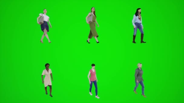 Écran Vert Six Femmes Marchant Sur Trottoir Partir Trois Coins — Video