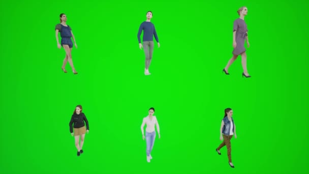 3つのコーナー3Dの人々赤いクロマのキー背景アニメーション男と女性の歩く話から住宅地に歩いている3D緑のスクリーン6人の女性 — ストック動画