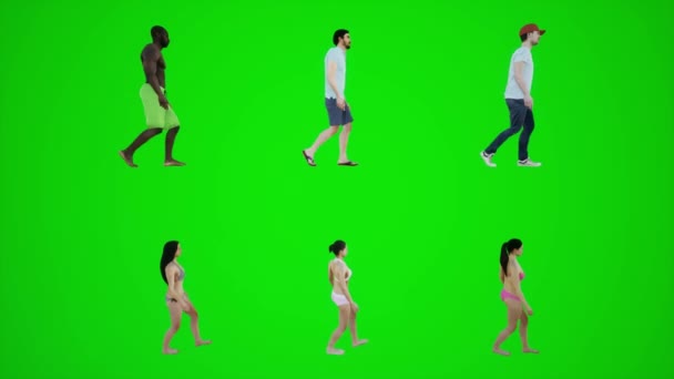 3Dグリーン スクリーン ビキニの男性と女性 側面からビーチを歩く 赤いクロマ バックグラウンド アニメーション 男と女性 — ストック動画